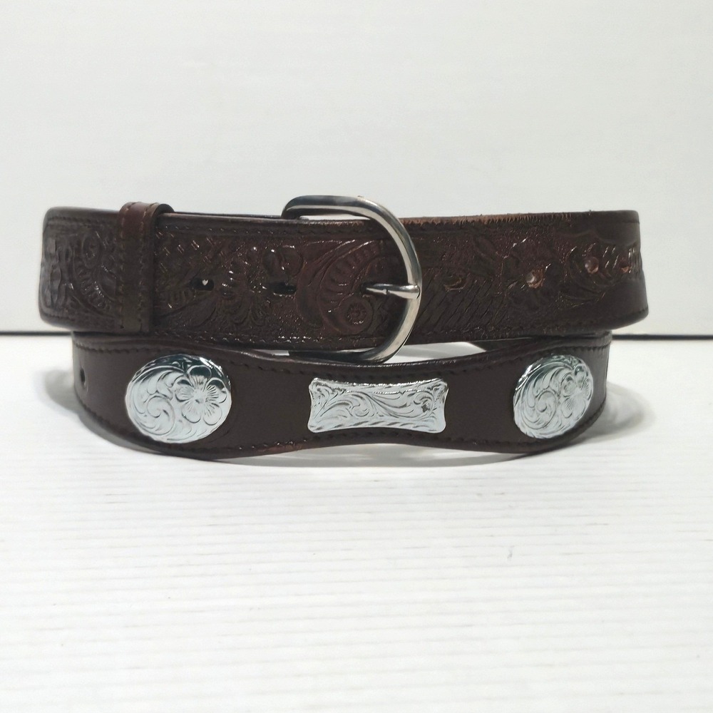 Vintage Western Brown Leather Belt Tooled Silver Conchos Floral Size 40 Mexico